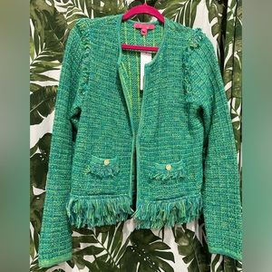 NWT Lilly Pulitzer Simora Fringe Cardigan Bright Green Exotic Tweed Jacket